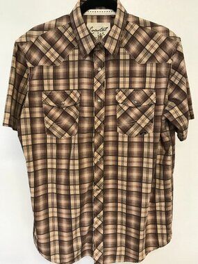 Coastal Men's L Plaid Western Shirt Brown Tan Snap Front Cotton Blend